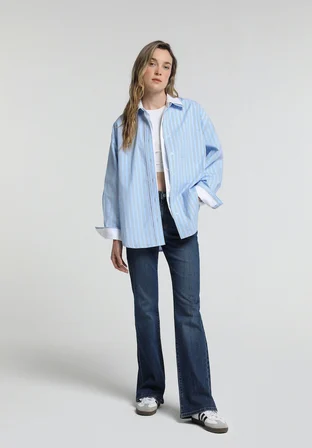 Oversize Shirt Neck Çizgili Kadın Mavi Uzun Kol Gömlek