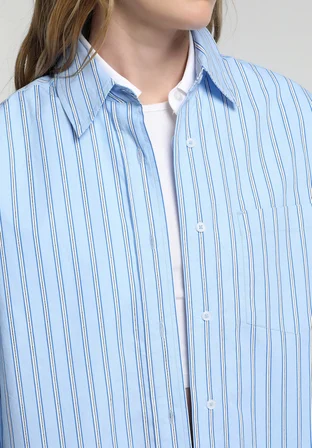 Oversize Shirt Neck Çizgili Kadın Mavi Uzun Kol Gömlek