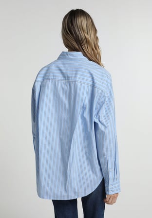 Oversize Shirt Neck Çizgili Kadın Mavi Uzun Kol Gömlek