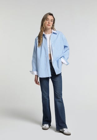 Oversize Shirt Neck Çizgili Kadın Mavi Uzun Kol Gömlek