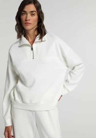 Regular Fit Fermuarlı Düz Kadın Beyaz Sweatshirt