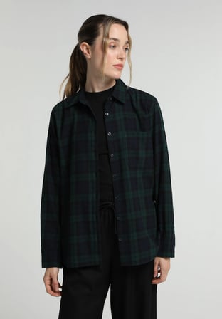 Regular Fit Shirt Neck Ekoseli Kadın Yeşil Uzun Kol Gömlek