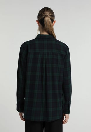 Regular Fit Shirt Neck Ekoseli Kadın Yeşil Uzun Kol Gömlek