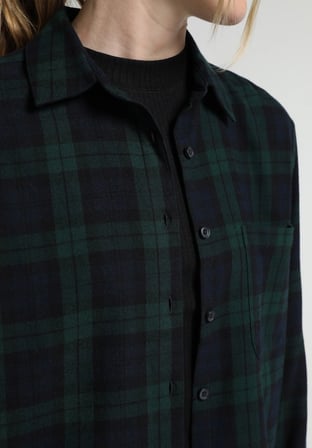Regular Fit Shirt Neck Ekoseli Kadın Yeşil Uzun Kol Gömlek
