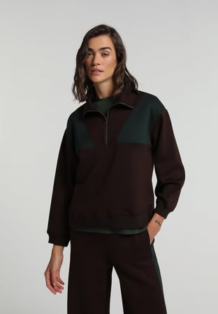 Regular Fit Polo Yaka Düz Kadın Kahverengi Sweatshirt