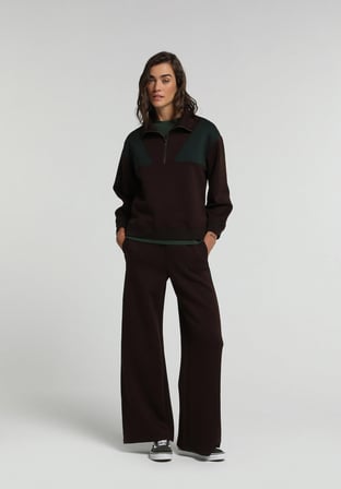 Regular Fit Polo Yaka Düz Kadın Kahverengi Sweatshirt