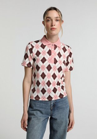 Slim Fit Polo Yaka Metraj Baskılı Kadın Pembe Kısa Kol Tişört