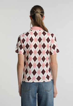 Slim Fit Polo Yaka Metraj Baskılı Kadın Pembe Kısa Kol Tişört