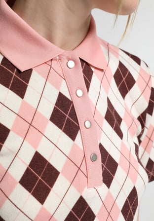 Slim Fit Polo Yaka Metraj Baskılı Kadın Pembe Kısa Kol Tişört