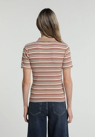 Slim Fit Polo Yaka Çizgili Kadın Çok Renkli Kısa Kol Tişört