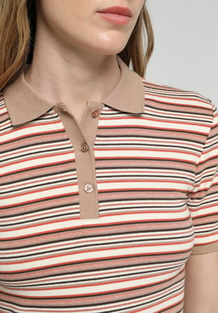 Slim Fit Polo Yaka Çizgili Kadın Çok Renkli Kısa Kol Tişört