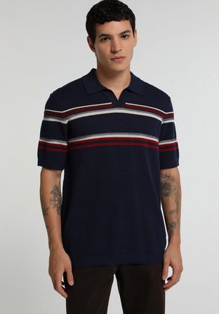 Regular Fit Polo Yaka Jakarlı Erkek Lacivert Kısa Kol Kazak