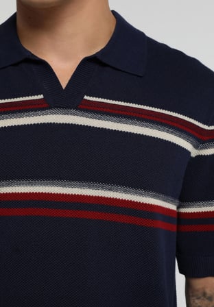 Regular Fit Polo Yaka Jakarlı Erkek Lacivert Kısa Kol Kazak