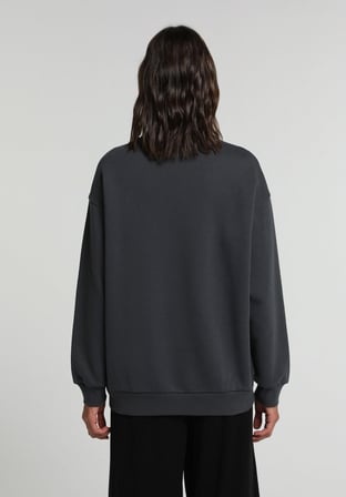 Relaxed Fit Yuvarlak Yaka Baskılı Kadın Antrasit Sweatshirt