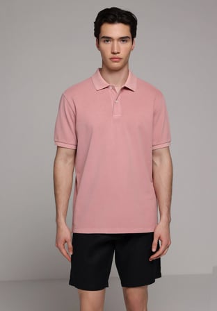 Regular Fit Polo Yaka Düz Erkek Pembe Kısa Kol Tişört