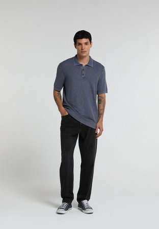 Regular Fit Polo Yaka Düz Erkek Mavi Kısa Kol Kazak