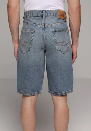 Loose Straight Fit Orta Bel Düz Erkek Mid İndigo Denim Jean Şort