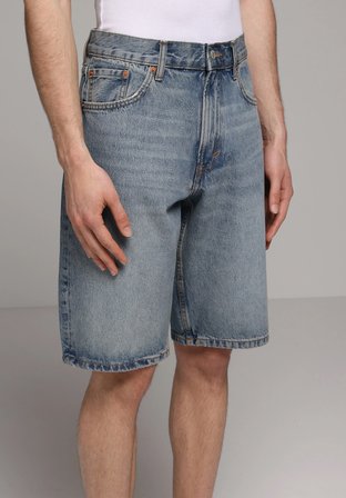Loose Straight Fit Orta Bel Düz Erkek Mid İndigo Denim Jean Şort