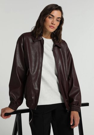Regular Fit Shirt Neck Fermuarlı Astarlı Kaplamalı Kadın Bordo Mont Pu