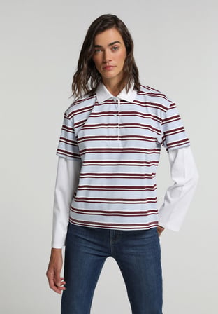 Regular Fit Polo Yaka Çizgili Kadın Çok Renkli Uzun Kol Tişört