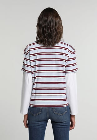 Regular Fit Polo Yaka Çizgili Kadın Çok Renkli Uzun Kol Tişört