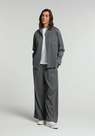 Boyfriend Fit Shirt Neck Çizgili Kadın Gri Uzun Kol Gömlek