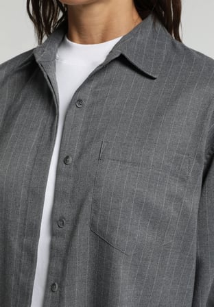 Boyfriend Fit Shirt Neck Çizgili Kadın Gri Uzun Kol Gömlek