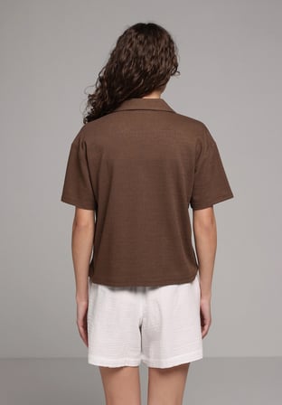 Regular Fit Polo Yaka Düz Kadın Kahverengi Kısa Kol Tişört