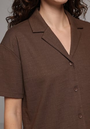 Regular Fit Polo Yaka Düz Kadın Kahverengi Kısa Kol Tişört