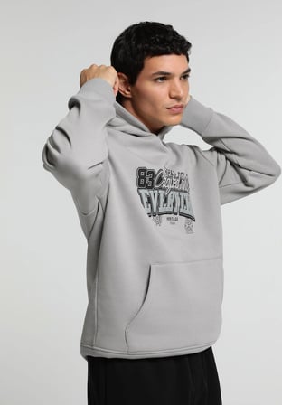 Relaxed Fit Kapüşonlu Düz Erkek Gri Sweatshirt