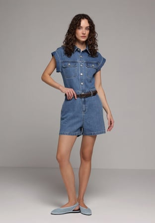 Regular Fit  Düz Kadın Mid İndigo Denim Jean Şort