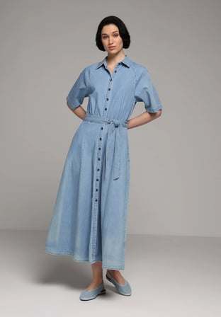 Regular Fit Düz Kadın Light İndigo Denim Kısa Kol Elbise