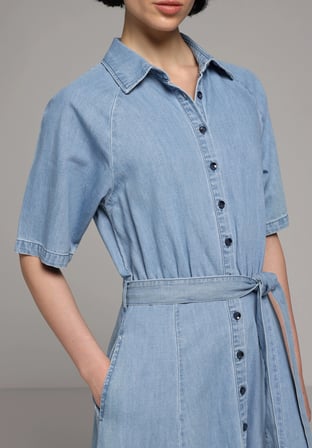 Regular Fit Düz Kadın Light İndigo Denim Kısa Kol Elbise