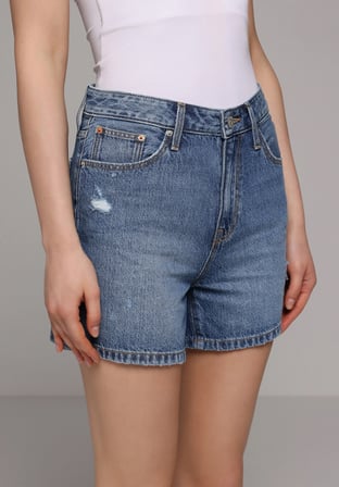 Mom Fit Yüksel Bel Düz Kadın Mid İndigo Denim Jean Şort