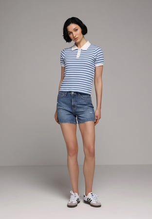 Mom Fit Yüksel Bel Düz Kadın Mid İndigo Denim Jean Şort