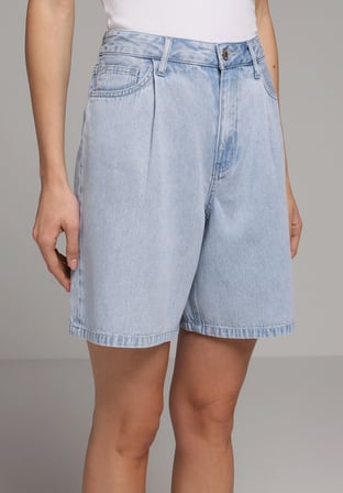 Loose Fit Yüksel Bel Düz Kadın Bleach İndigo Denim Jean Şort