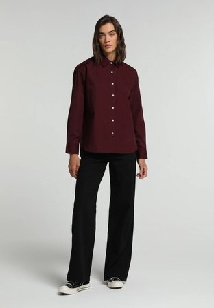 Boyfriend Fit Shirt Neck Düz Kadın Bordo Uzun Kol Gömlek