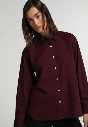 Boyfriend Fit Shirt Neck Düz Kadın Bordo Uzun Kol Gömlek