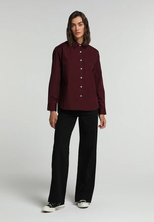 Boyfriend Fit Shirt Neck Düz Kadın Bordo Uzun Kol Gömlek