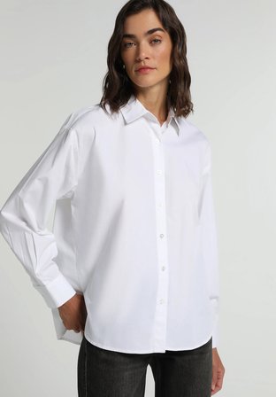 Boyfriend Fit Shirt Neck Düz Kadın Beyaz Uzun Kol Gömlek