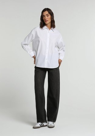 Boyfriend Fit Shirt Neck Düz Kadın Beyaz Uzun Kol Gömlek