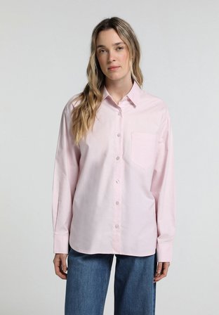 Boyfriend Fit Shirt Neck Düz Kadın Pembe Uzun Kol Gömlek