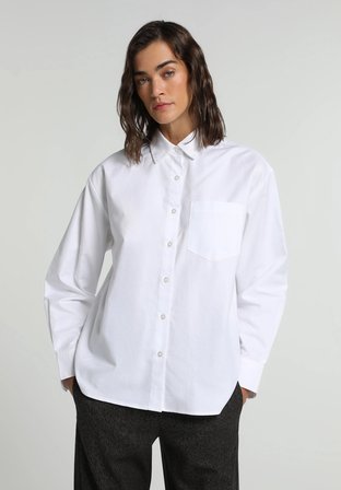 Boyfriend Fit Shirt Neck Düz Kadın Beyaz Uzun Kol Gömlek