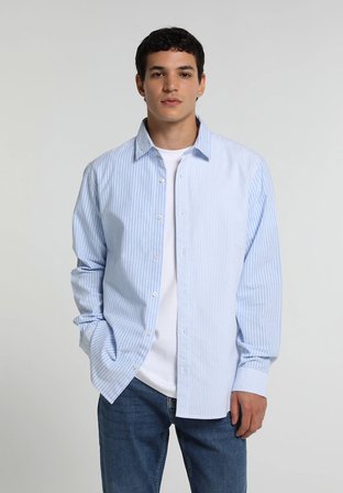 Regular Fit Shirt Neck Çizgili Erkek Mavi Uzun Kol Gömlek