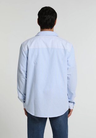 Regular Fit Shirt Neck Çizgili Erkek Mavi Uzun Kol Gömlek
