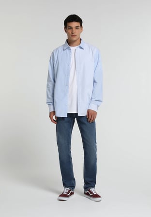 Regular Fit Shirt Neck Çizgili Erkek Mavi Uzun Kol Gömlek