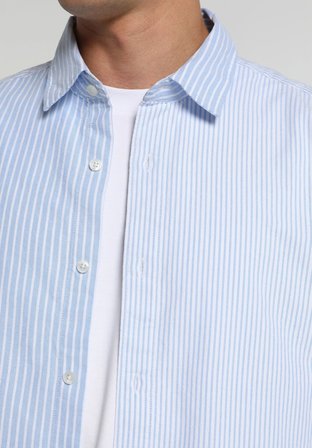 Regular Fit Shirt Neck Çizgili Erkek Mavi Uzun Kol Gömlek