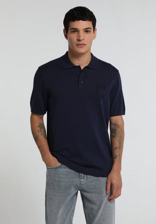 Regular Fit Polo Yaka Jakarlı Erkek Lacivert Kısa Kol Kazak