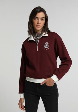 Regular Fit Polo Yaka Nakışlı Kadın Bordo Sweatshirt