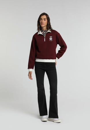 Regular Fit Polo Yaka Nakışlı Kadın Bordo Sweatshirt